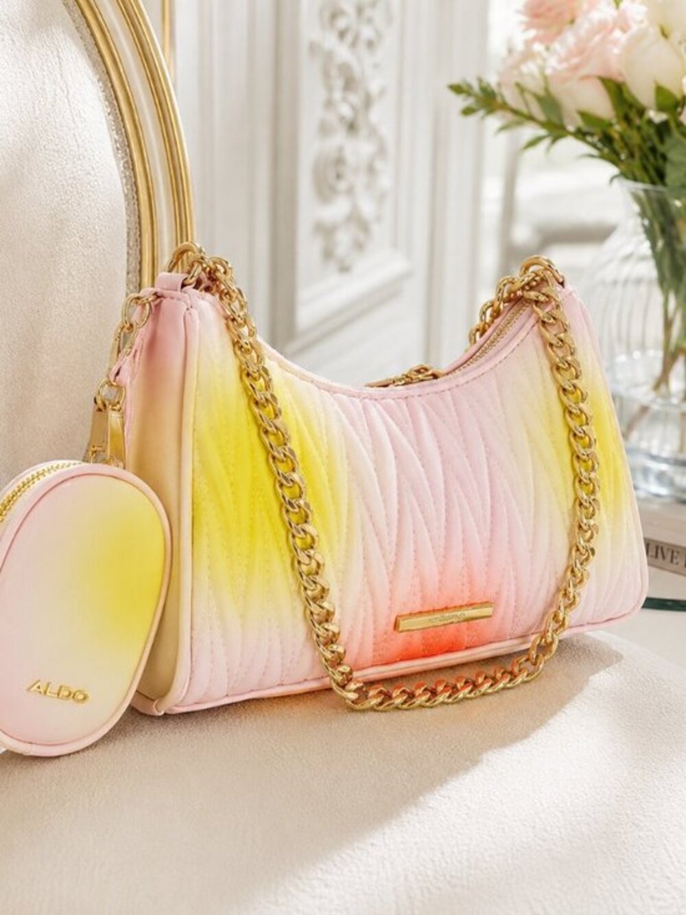 ALDO Ombré Ruffle Crossbody Bag with Coin Purse Pink Yellow NWT